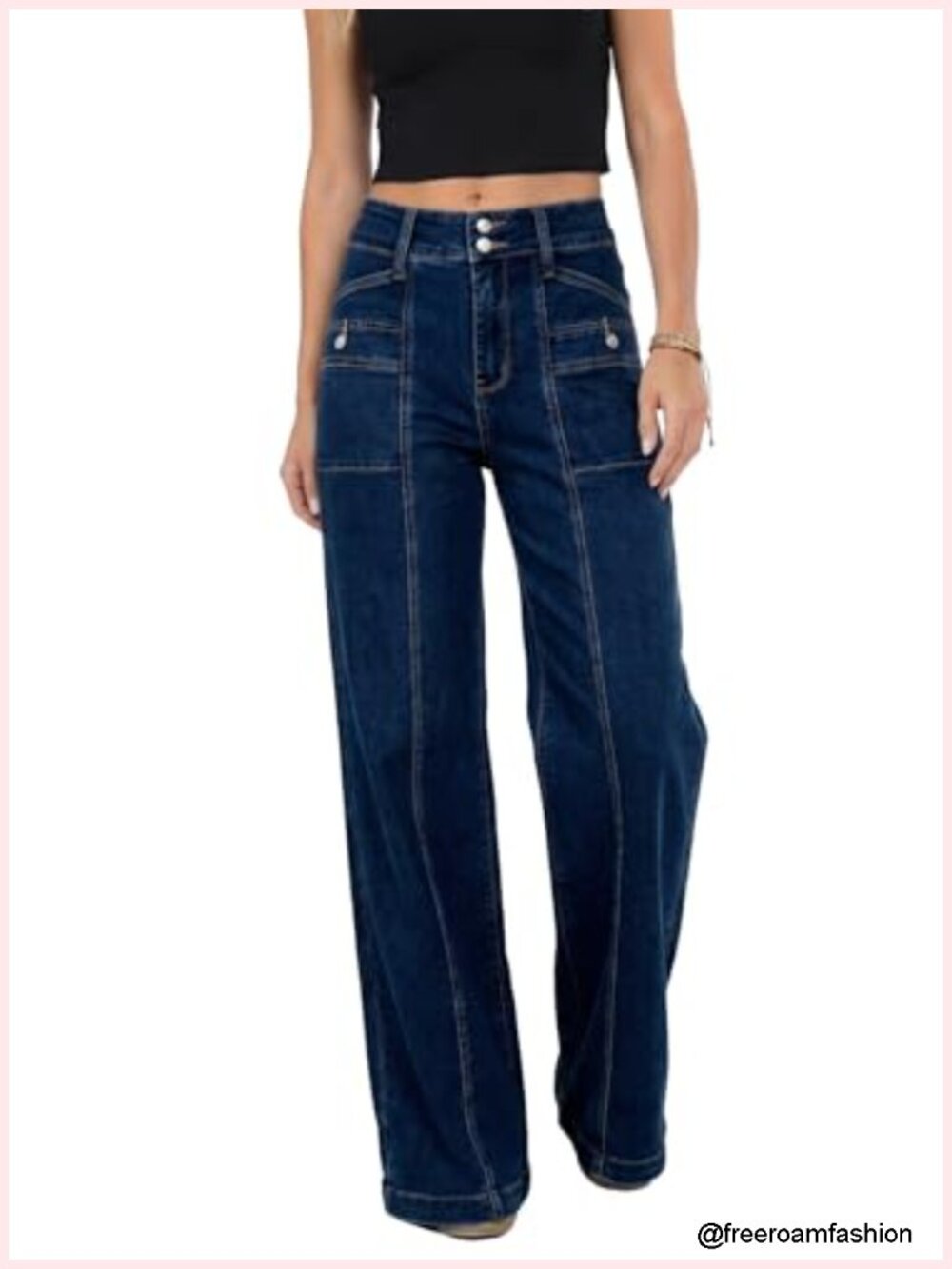 High Waisted Wide Leg Jeans Double Button Stretchy Straight Leg Trendy Denim